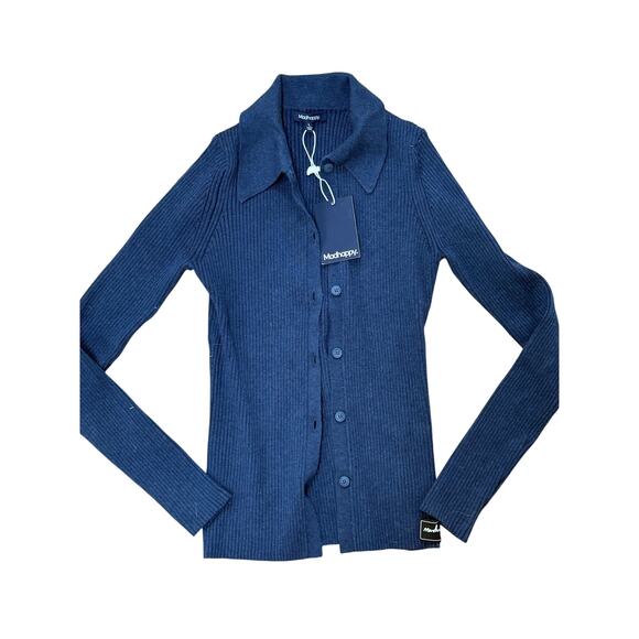 (L) NWT Madhappy Women's Pre Fall Ribbed Long Sleeve Cardigan Navy - Picture 2 of 6